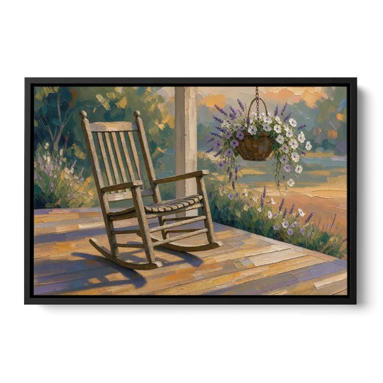 Front Porch Art with Rocking Chair and Lavender Basket - Black Framed Canvas Wall Art - Front