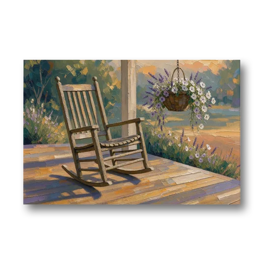 Front Porch Art with Rocking Chair and Lavender Basket - Canvas Wall Art - Front