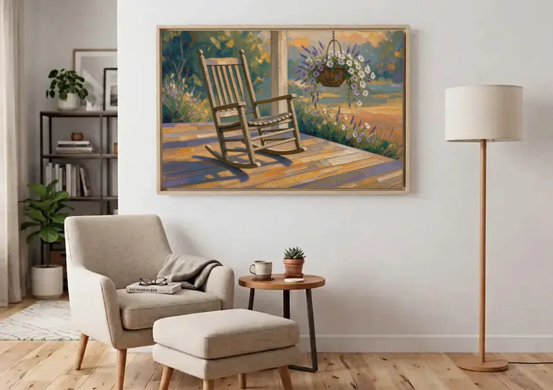 Front Porch Art with Rocking Chair and Lavender Basket canvas wall art above an armchair in a bright living room