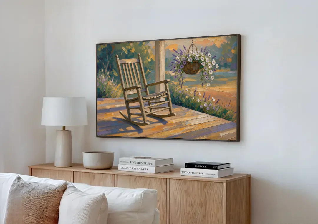Front Porch Art with Rocking Chair and Lavender Basket canvas wall art above a wooden sideboard next to a sofa