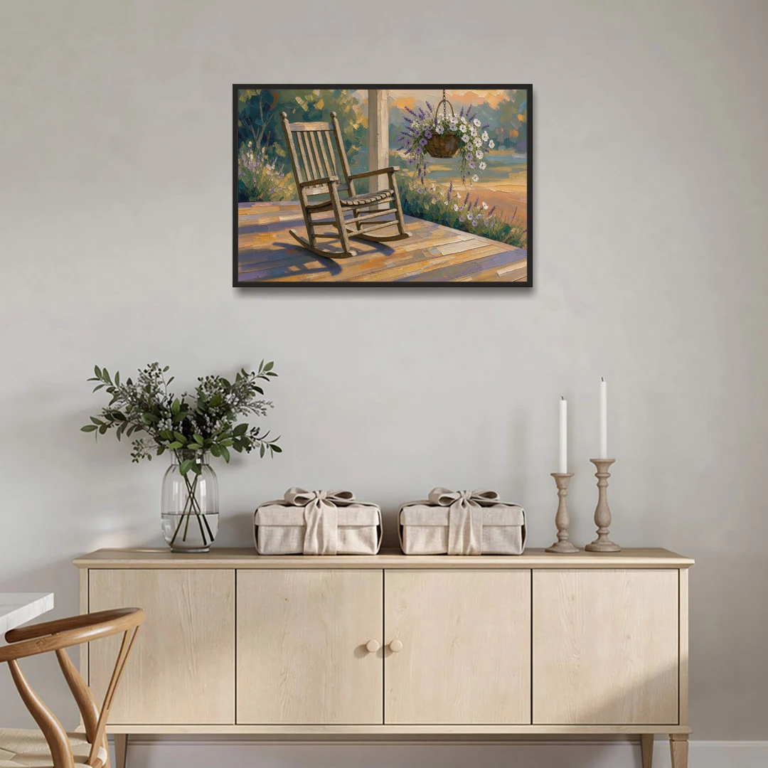 Front Porch Art with Rocking Chair and Lavender Basket - Black Framed Canvas Wall Art - Coffee Table - 36x24