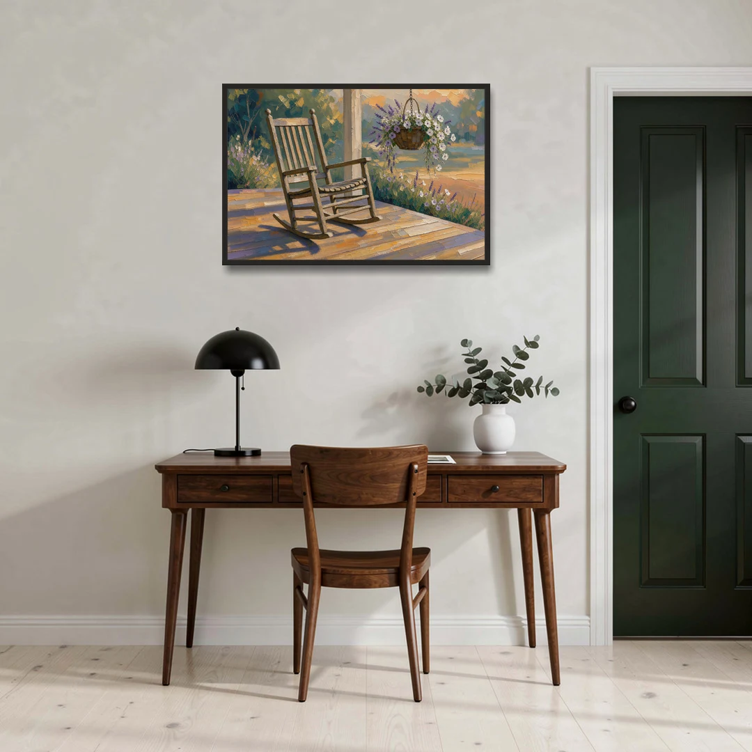 Front Porch Art with Rocking Chair and Lavender Basket - Black Framed Canvas Wall Art - Office - 36x24