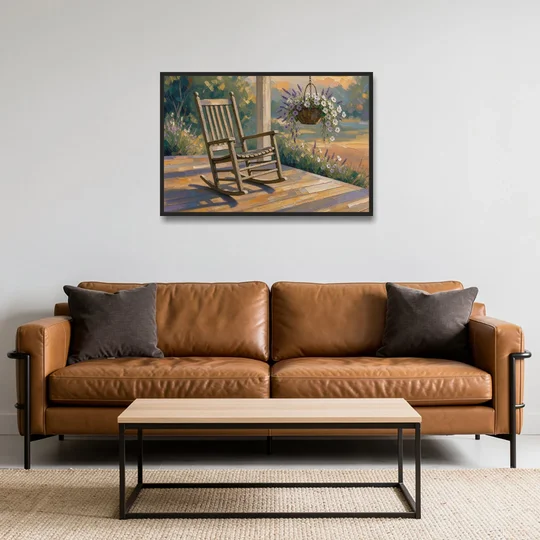 Front Porch Art with Rocking Chair and Lavender Basket - Black Framed Canvas Wall Art - Sofa - 36x24
