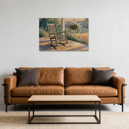 Front Porch Art with Rocking Chair and Lavender Basket - Canvas Wall Art - Sofa - 36x24