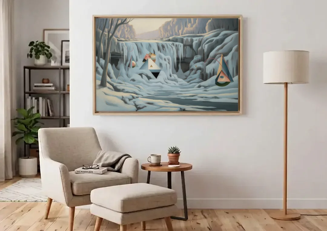 Frozen Falls in Winter canvas wall art above an armchair in a bright living room