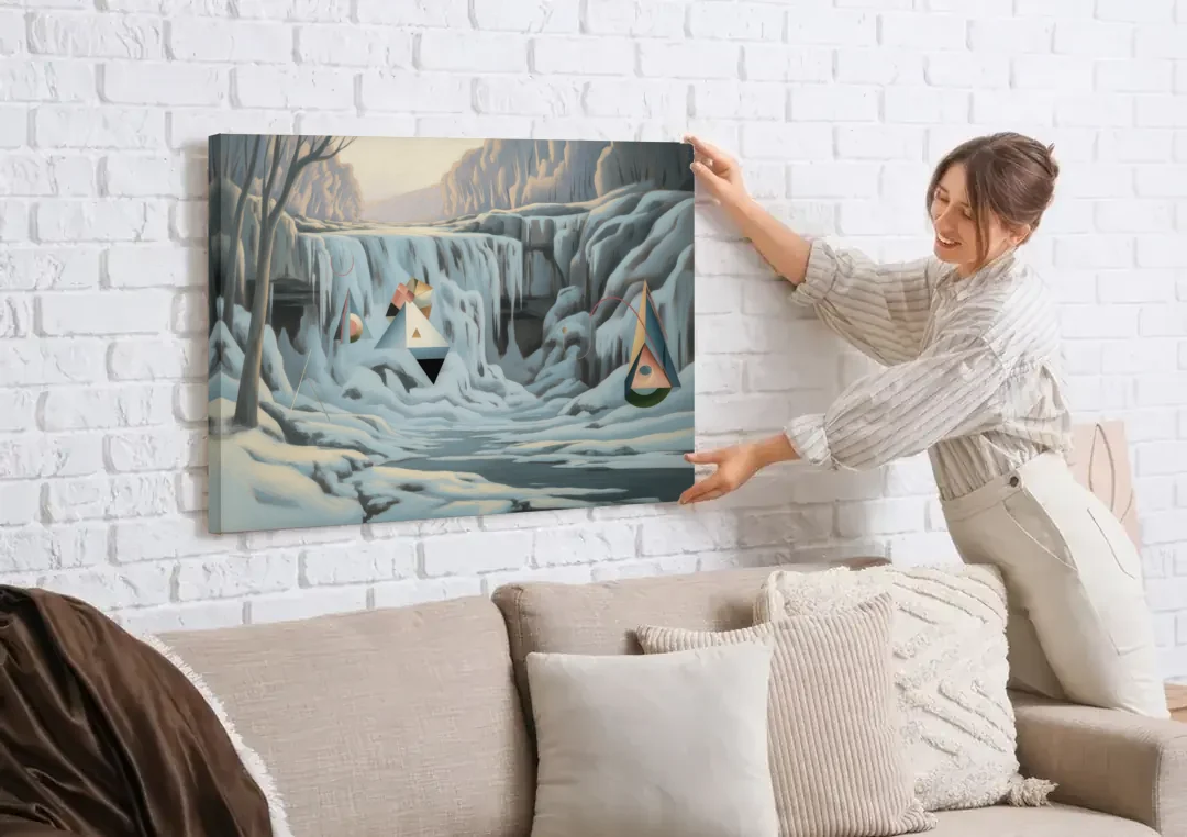 Frozen Falls in Winter canvas wall art being hung on a white brick wall above a sofa