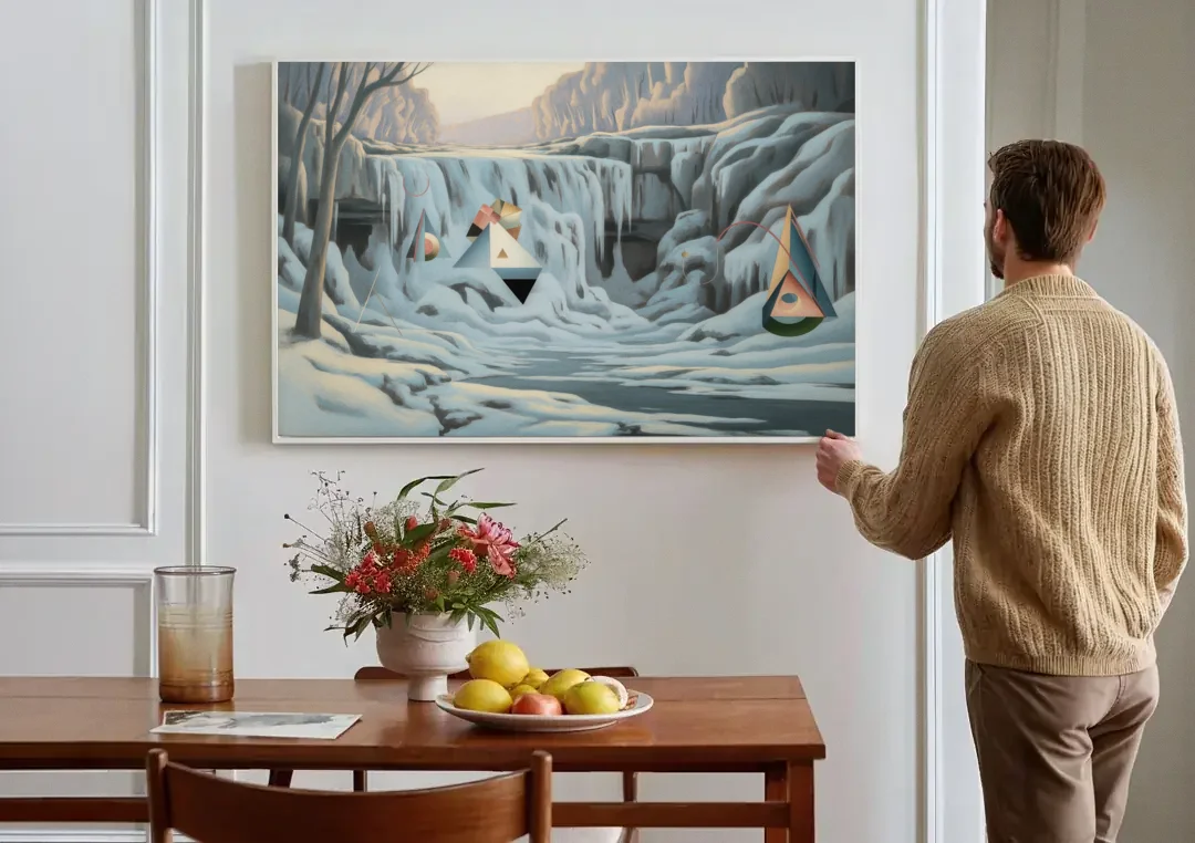 Frozen Falls in Winter canvas wall art above a dining table