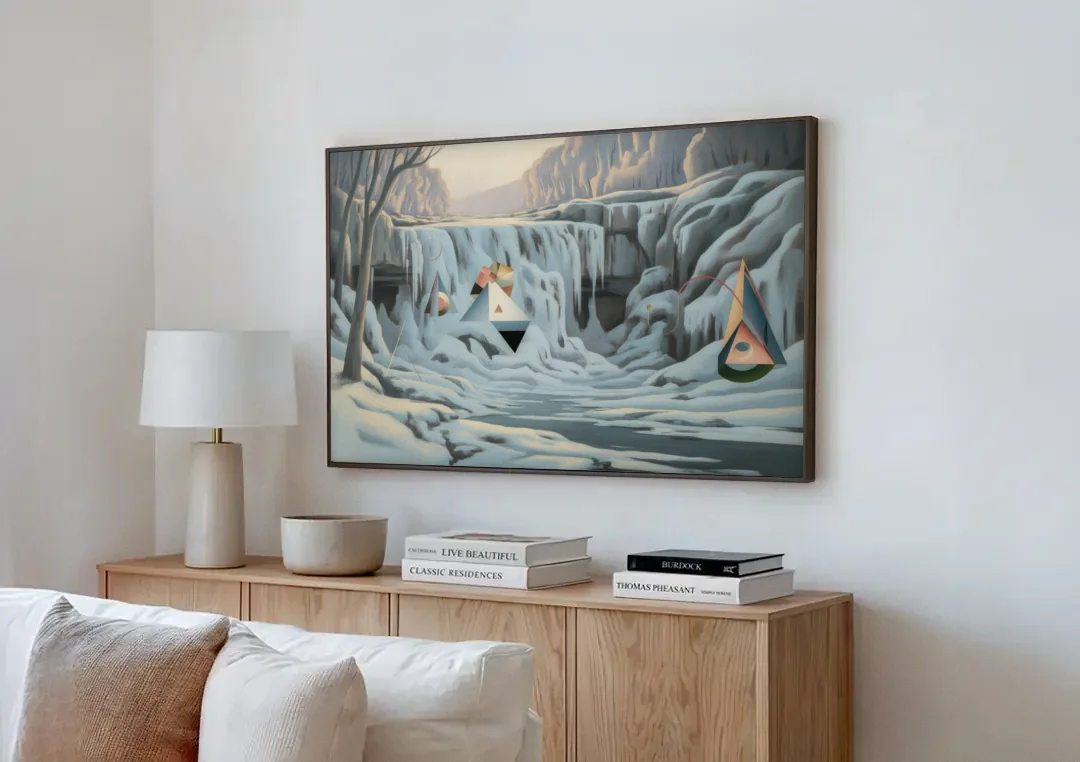 Frozen Falls in Winter canvas wall art above a wooden sideboard next to a sofa