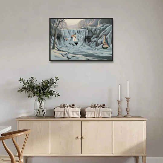 Frozen Falls in Winter - Black Framed Canvas Wall Art - Coffee Table - 36x24