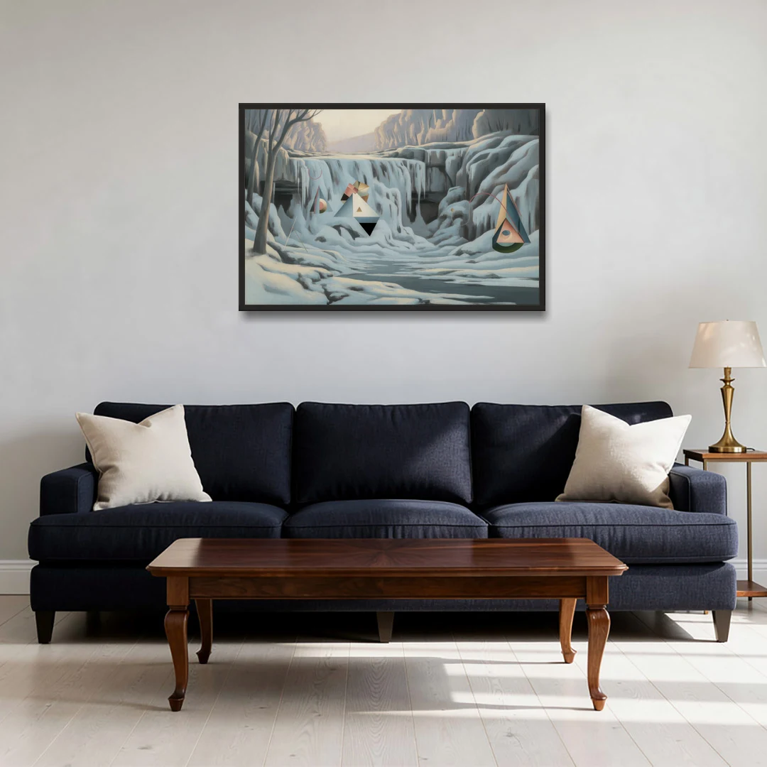 Frozen Falls in Winter - Black Framed Canvas Wall Art - Sofa - 36x24
