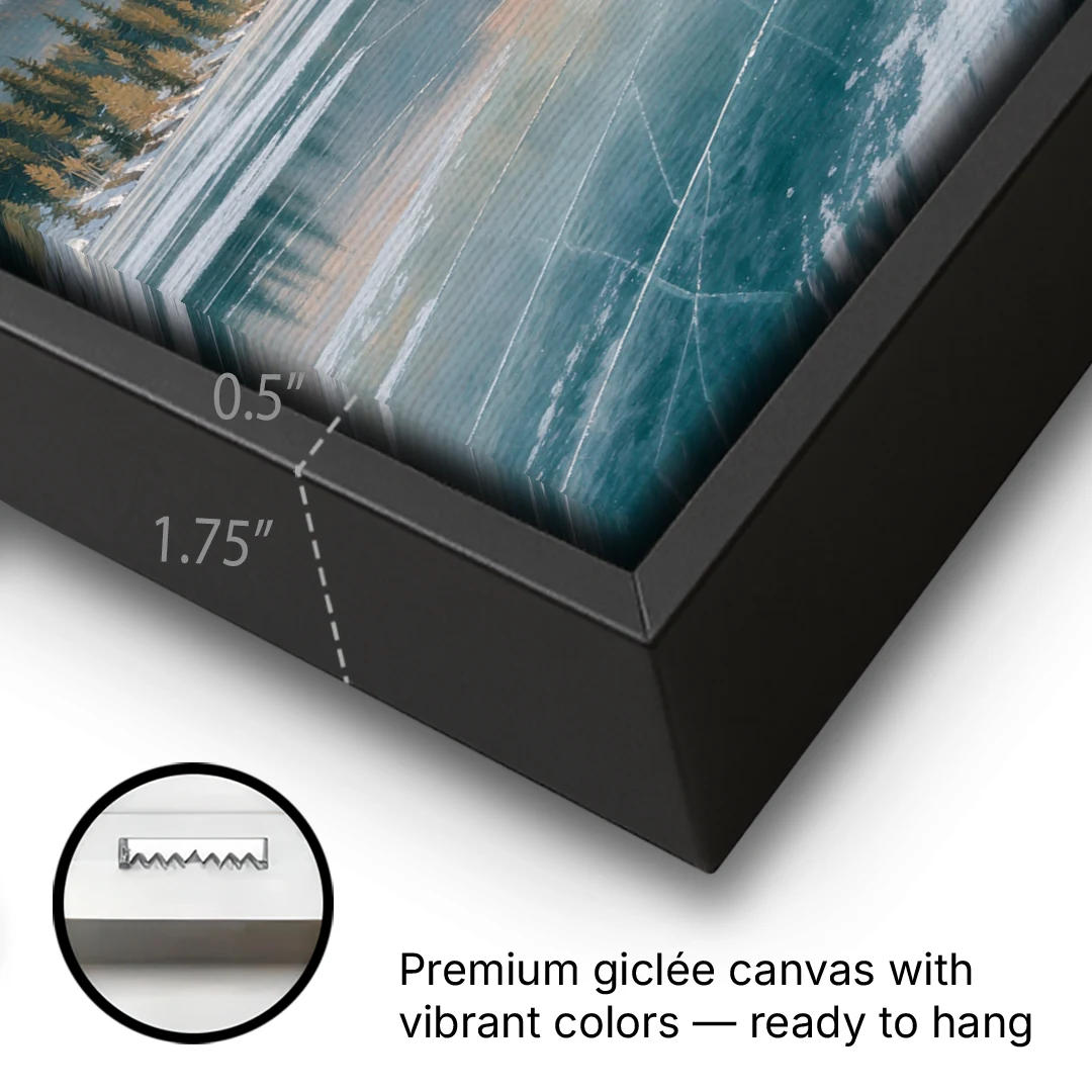 Frozen Lake Painting at Dawn - Black Framed Canvas Wall Art - Gallery Wrap Corner