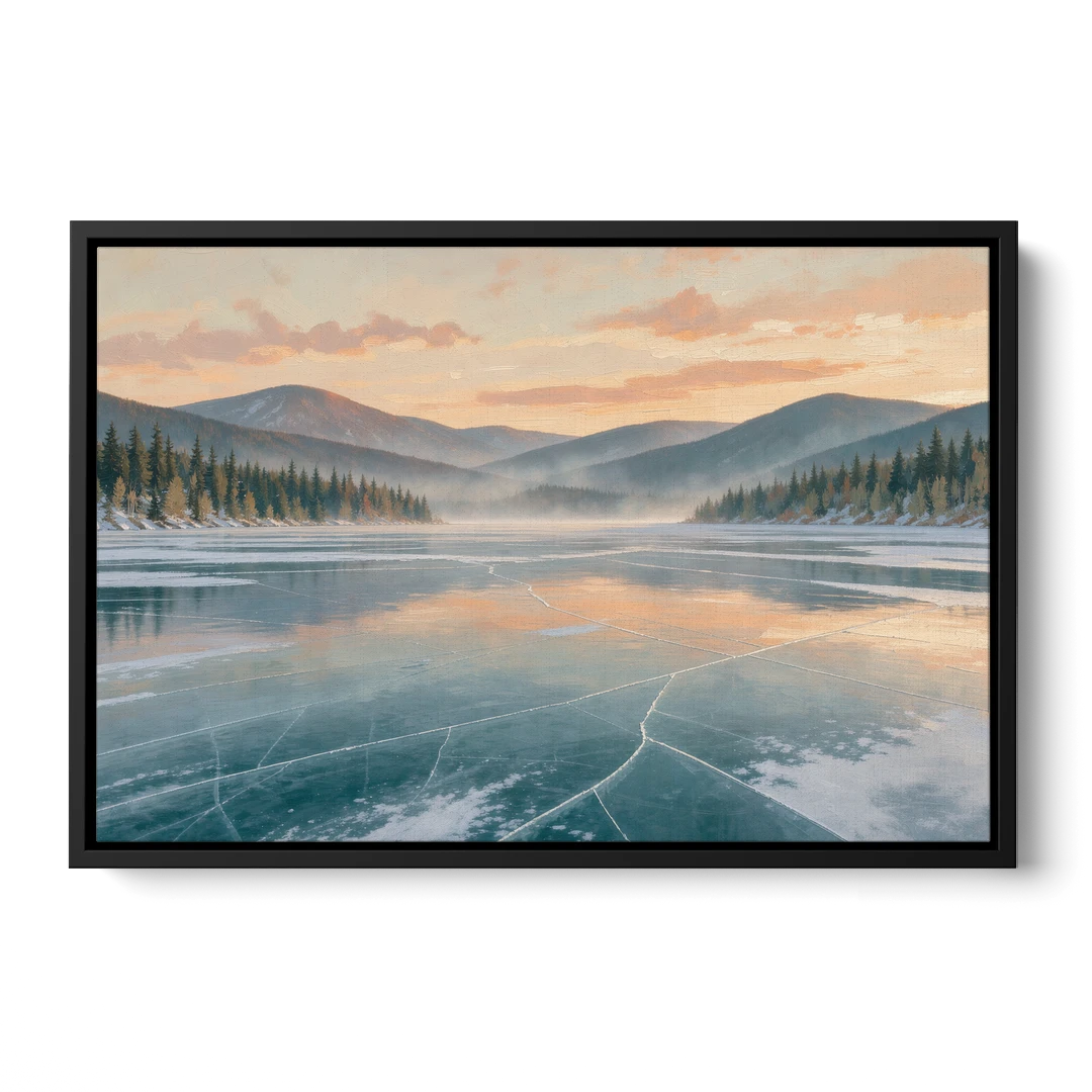 Frozen Lake Painting at Dawn - Black Framed Canvas Wall Art - Front