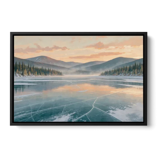 Frozen Lake Painting at Dawn - Black Framed Canvas Wall Art - Front
