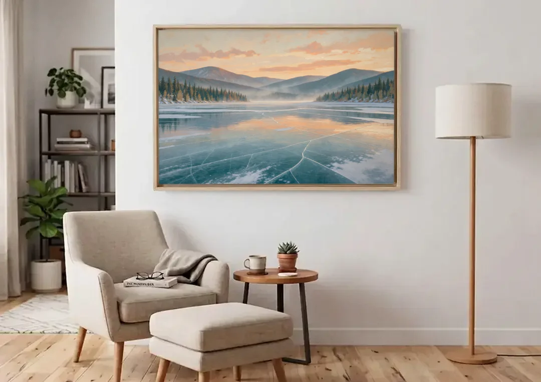 Frozen Lake Painting at Dawn canvas wall art above an armchair in a bright living room