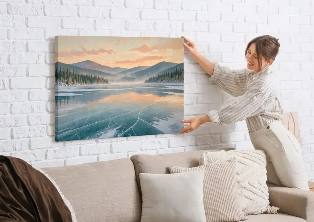 Frozen Lake Painting at Dawn canvas wall art being hung on a white brick wall above a sofa