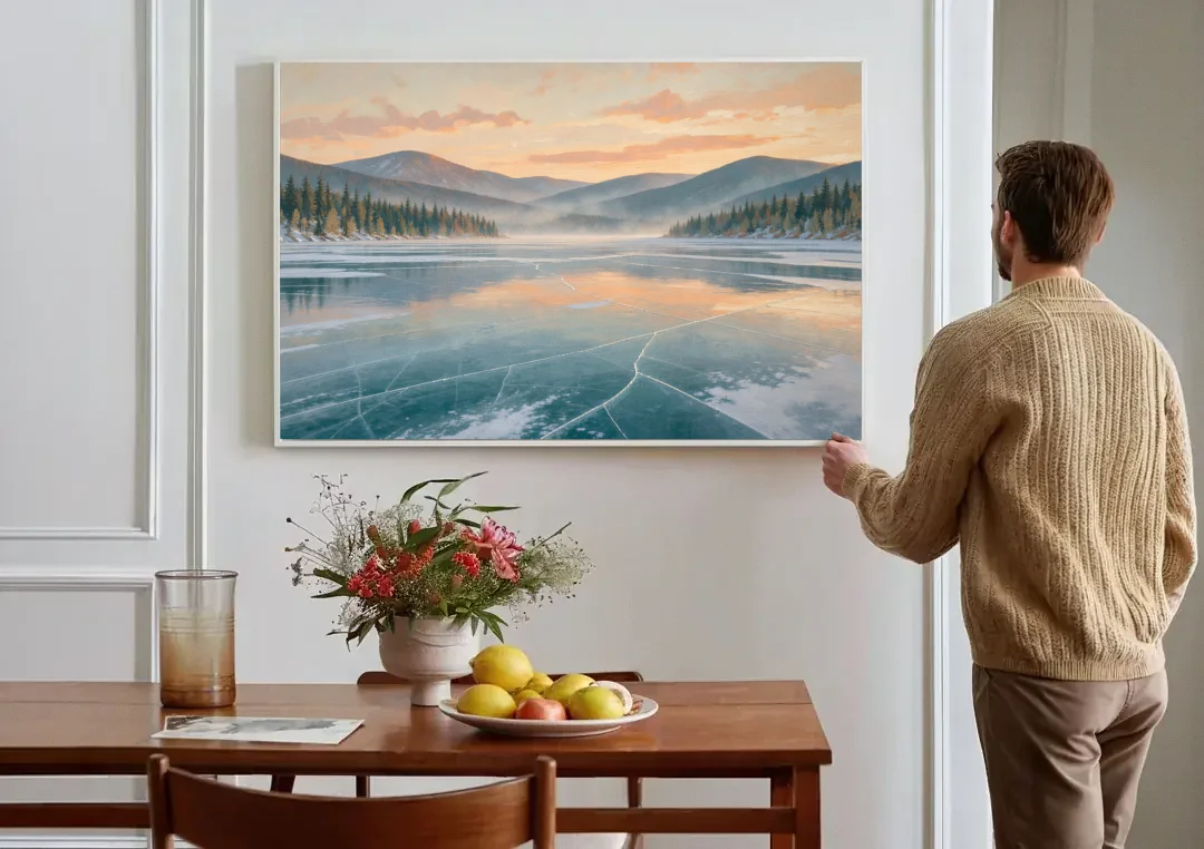 Frozen Lake Painting at Dawn canvas wall art above a dining table