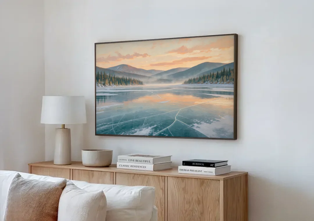 Frozen Lake Painting at Dawn canvas wall art above a wooden sideboard next to a sofa