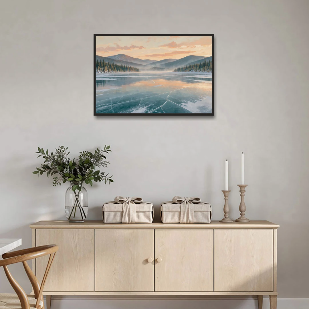 Frozen Lake Painting at Dawn - Black Framed Canvas Wall Art - Coffee Table - 36x24