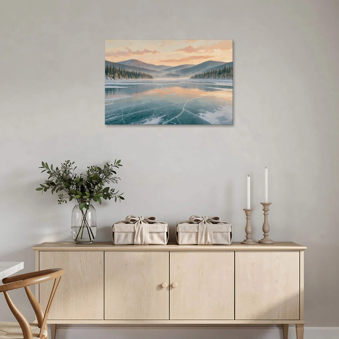 Frozen Lake Painting at Dawn - Canvas Wall Art - Coffee Table - 36x24