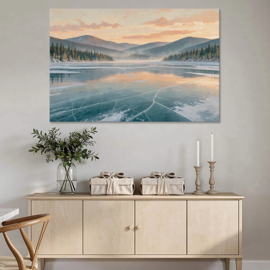 Frozen Lake Painting at Dawn - Canvas Wall Art - Coffee Table - 60x40