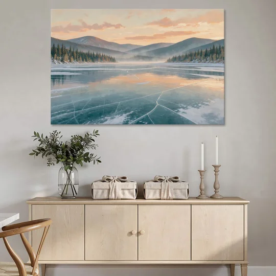Frozen Lake Painting at Dawn - Canvas Wall Art - Coffee Table - 60x40
