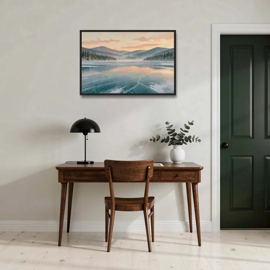 Frozen Lake Painting at Dawn - Black Framed Canvas Wall Art - Office - 36x24