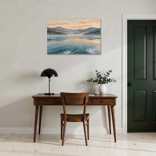 Frozen Lake Painting at Dawn - Canvas Wall Art - Office - 36x24