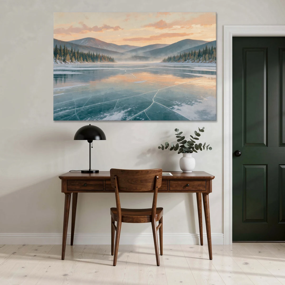Frozen Lake Painting at Dawn - Canvas Wall Art - Office - 60x40