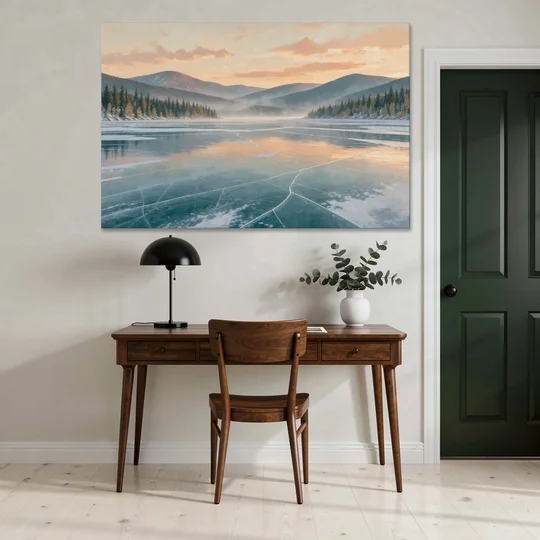 Frozen Lake Painting at Dawn - Canvas Wall Art - Office - 60x40