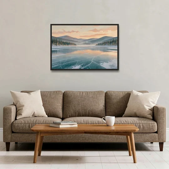 Frozen Lake Painting at Dawn - Black Framed Canvas Wall Art - Sofa - 36x24
