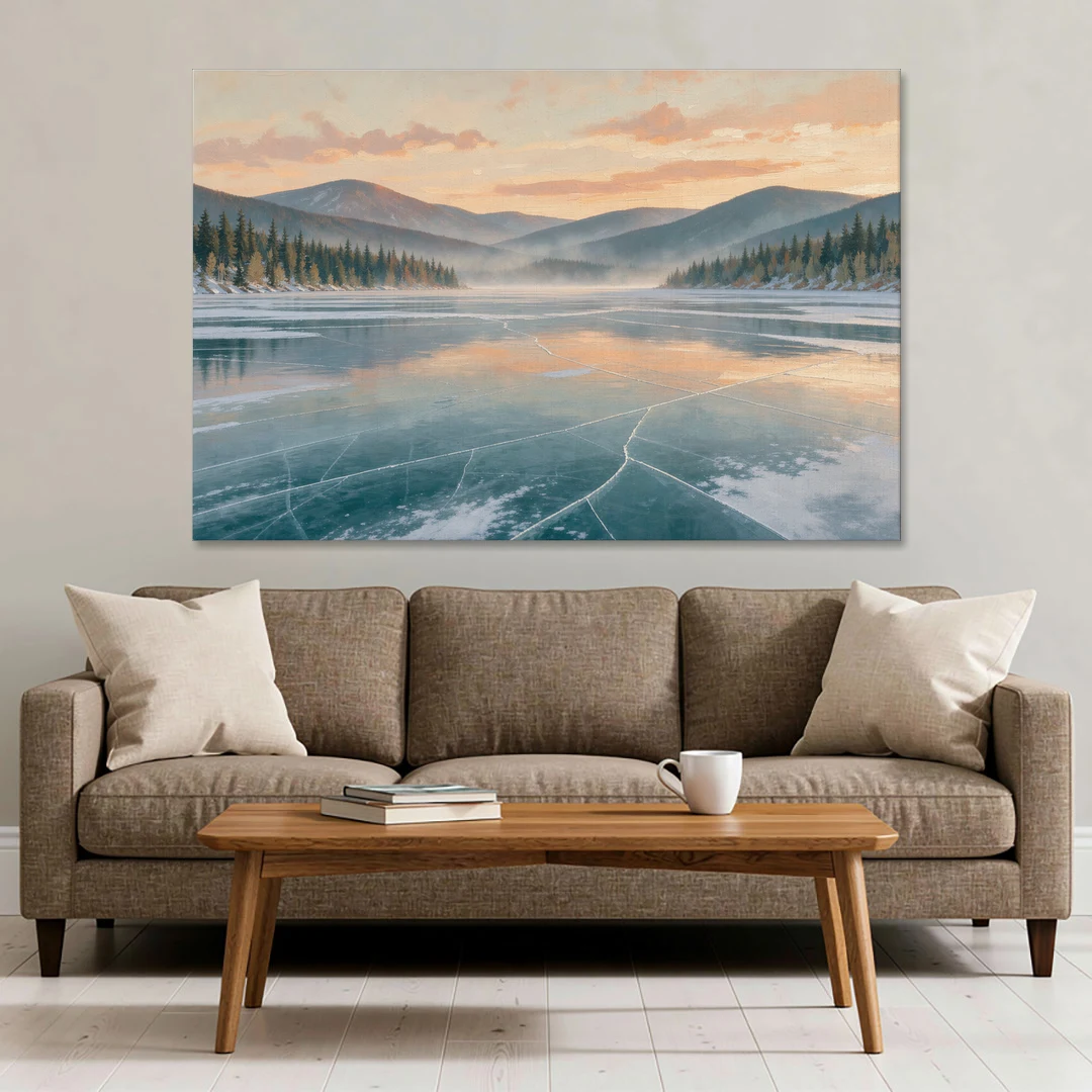 Frozen Lake Painting at Dawn - Canvas Wall Art - Sofa - 60x40