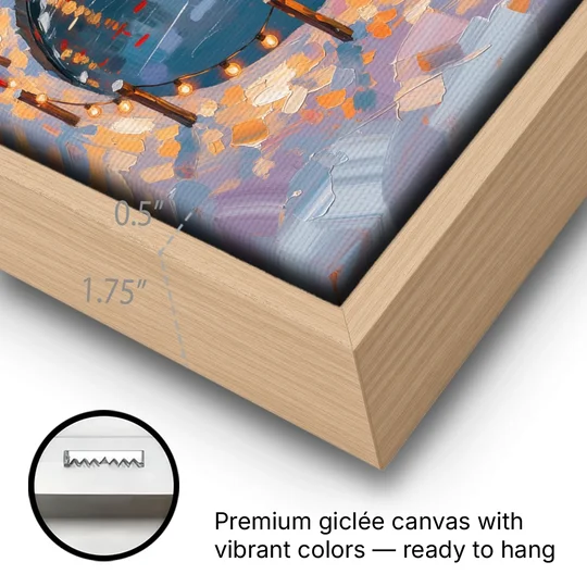 Frozen Pond Ringed with String Lights - Oak Framed Canvas Wall Art - Gallery Wrap Corner
