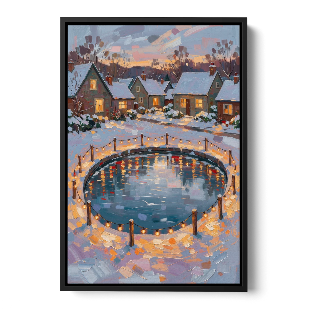Frozen Pond Ringed with String Lights - Black Framed Canvas Wall Art - Front