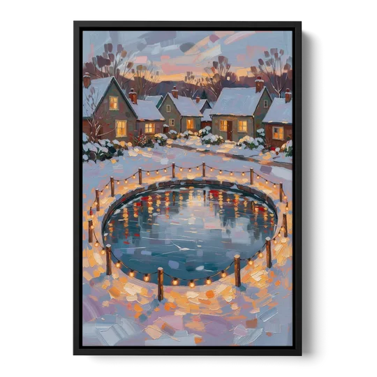 Frozen Pond Ringed with String Lights - Black Framed Canvas Wall Art - Front