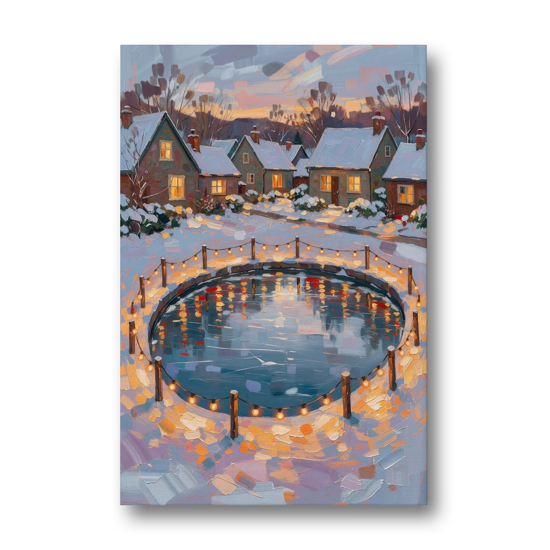 Frozen Pond Ringed with String Lights - Canvas Wall Art - Front