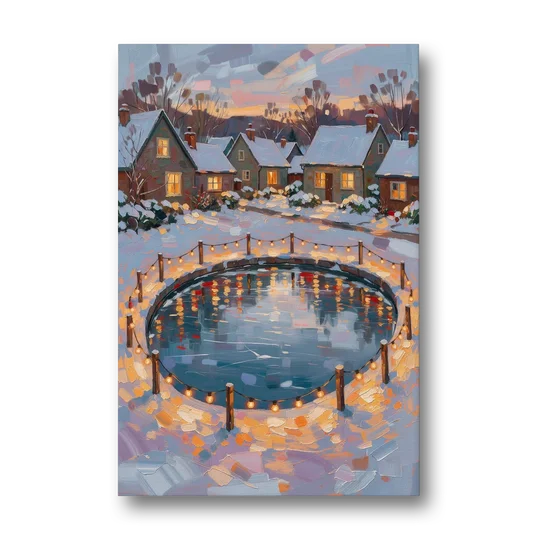 Frozen Pond Ringed with String Lights - Canvas Wall Art - Front