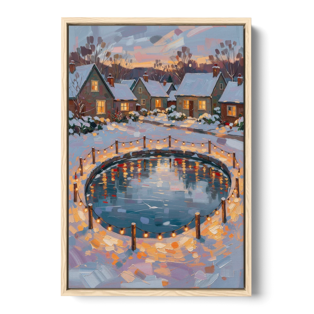 Frozen Pond Ringed with String Lights - Oak Framed Canvas Wall Art - Front