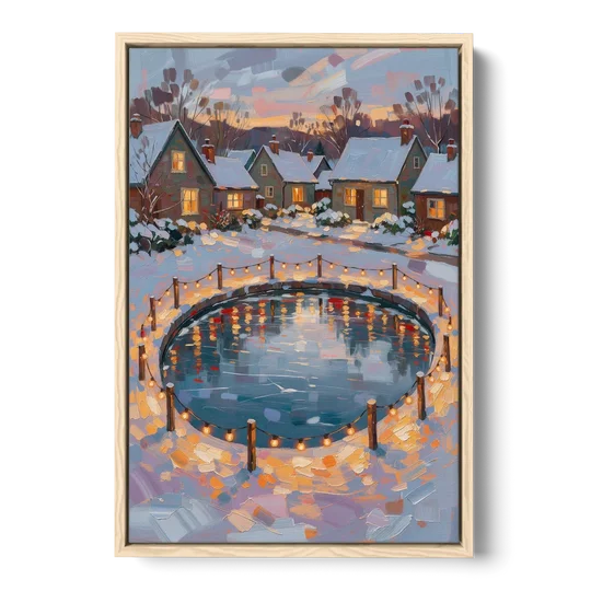 Frozen Pond Ringed with String Lights - Oak Framed Canvas Wall Art - Front