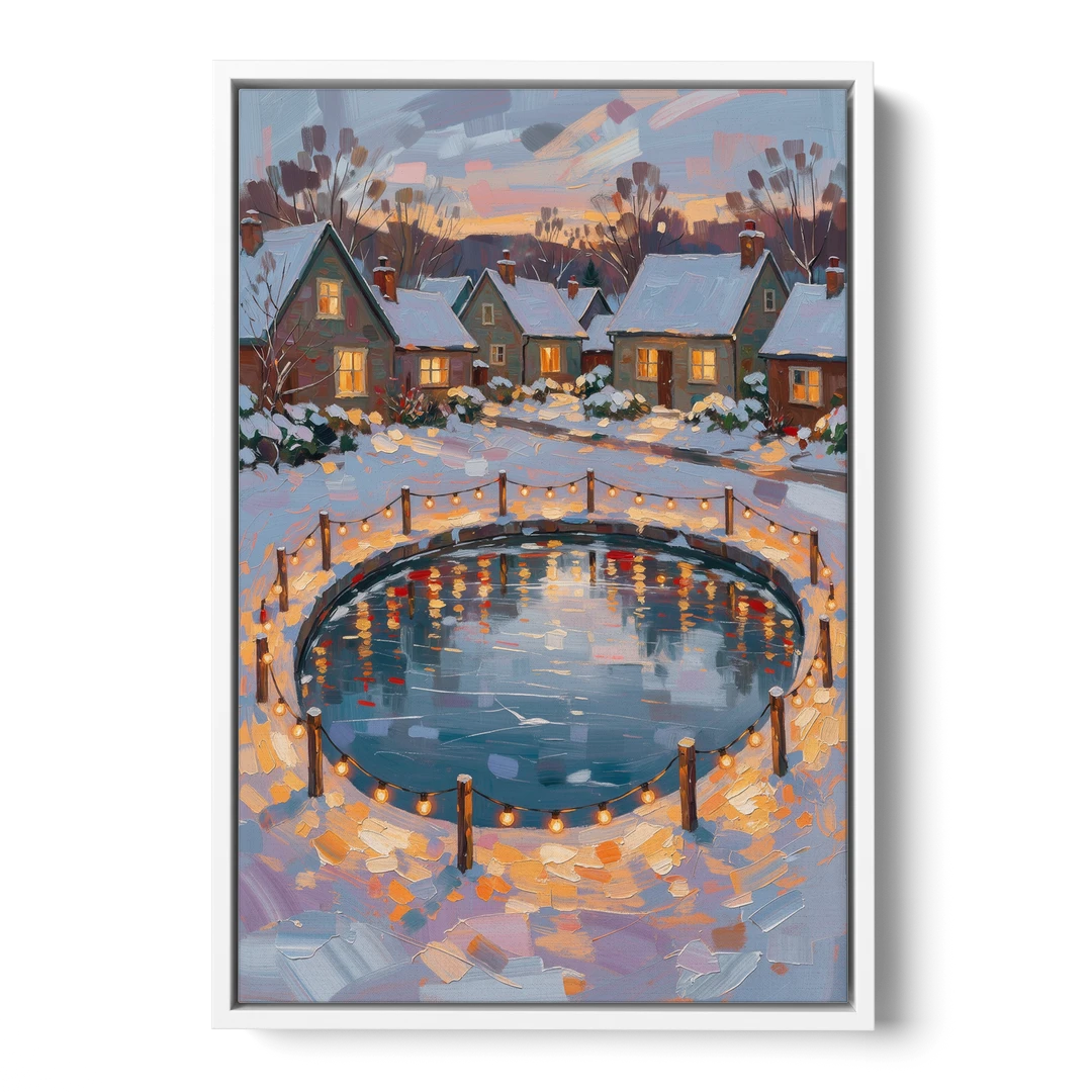 Frozen Pond Ringed with String Lights - White Framed Canvas Wall Art - Front