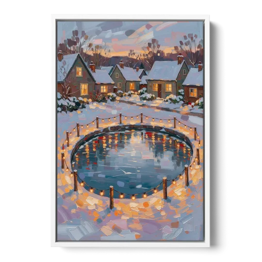 Frozen Pond Ringed with String Lights - White Framed Canvas Wall Art - Front