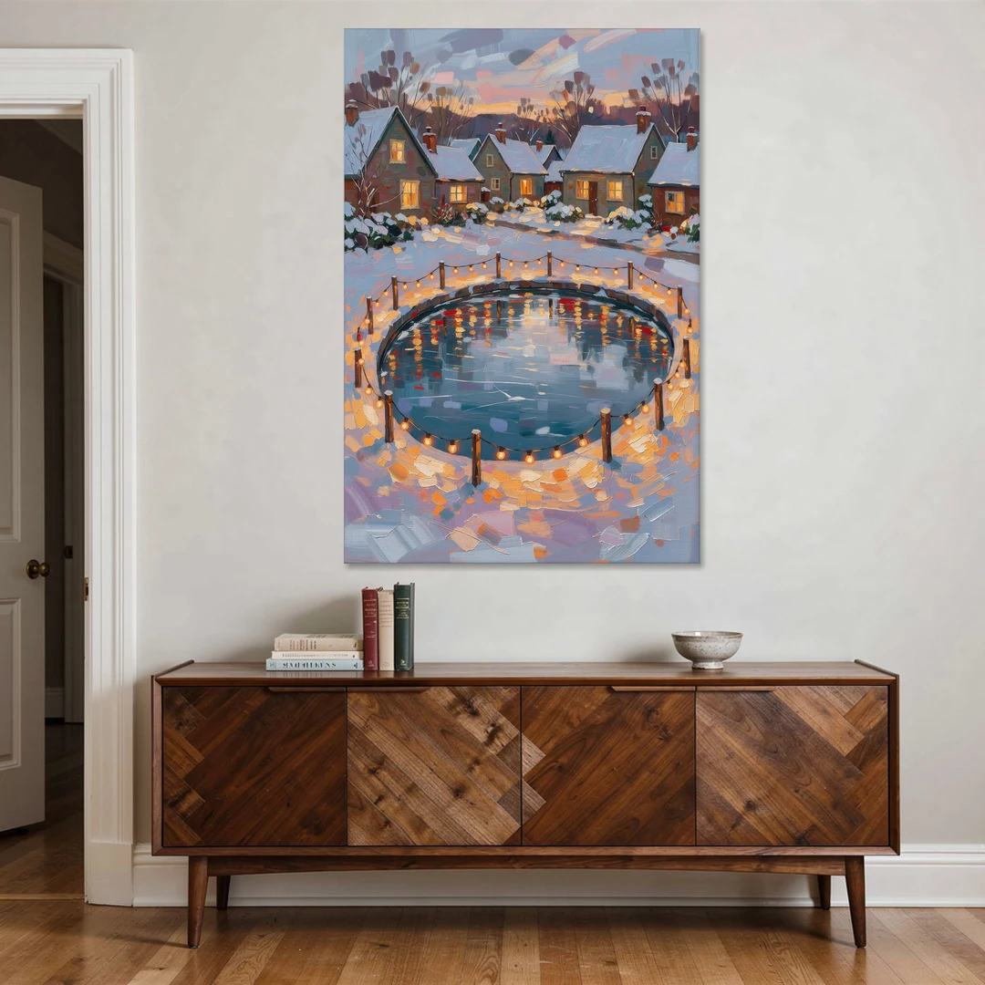 Frozen Pond Ringed with String Lights - Canvas Wall Art - Coffee Table - 40x60
