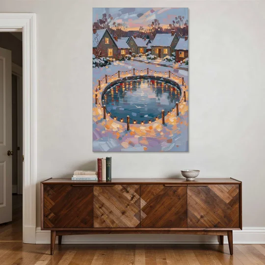 Frozen Pond Ringed with String Lights - Canvas Wall Art - Coffee Table - 40x60