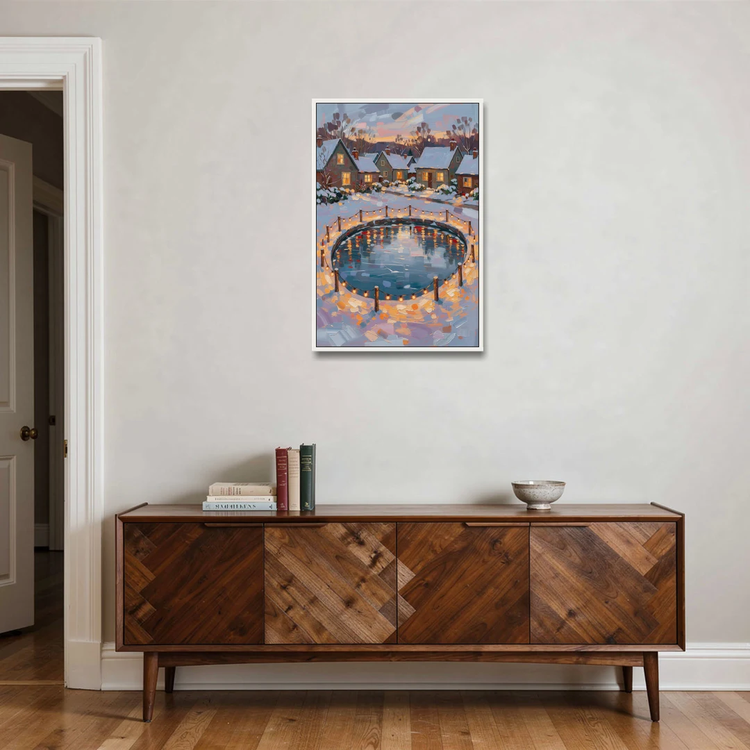 Frozen Pond Ringed with String Lights - White Framed Canvas Wall Art - Coffee Table - 24x36