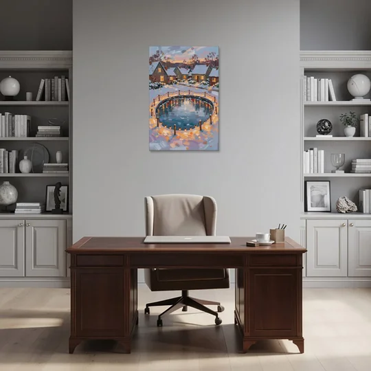 Frozen Pond Ringed with String Lights - Canvas Wall Art - Office - 24x36