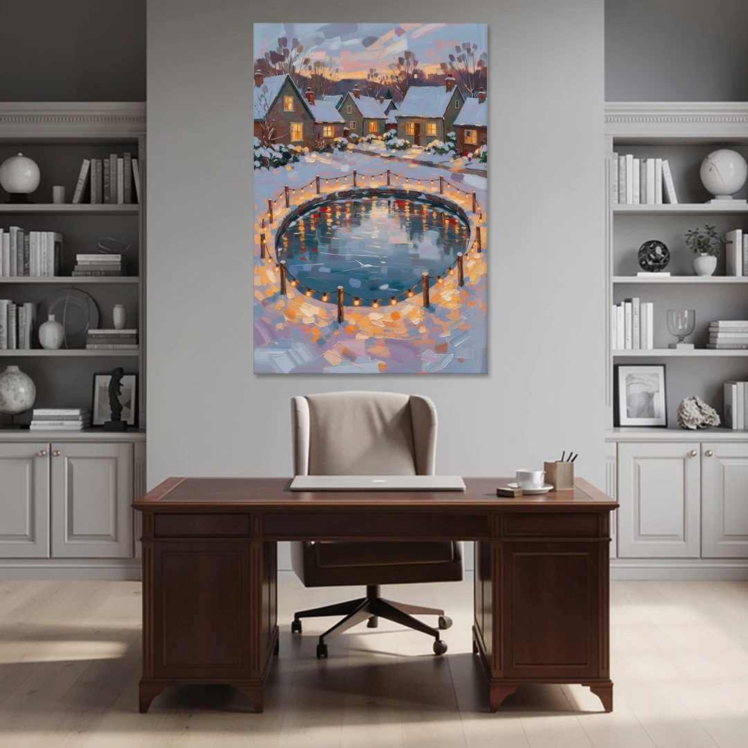 Frozen Pond Ringed with String Lights - Canvas Wall Art - Office - 40x60