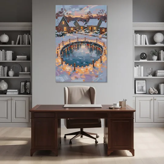 Frozen Pond Ringed with String Lights - Canvas Wall Art - Office - 40x60