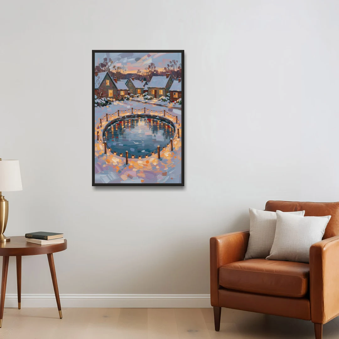 Frozen Pond Ringed with String Lights - Black Framed Canvas Wall Art - Sofa - 24x36