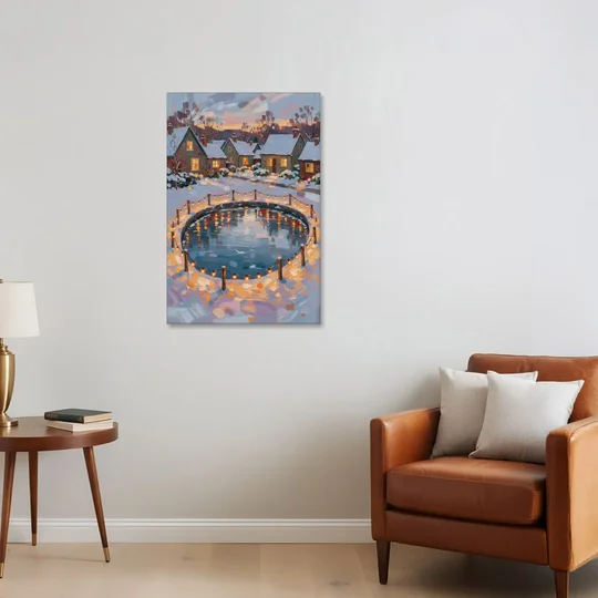 Frozen Pond Ringed with String Lights - Canvas Wall Art - Sofa - 24x36