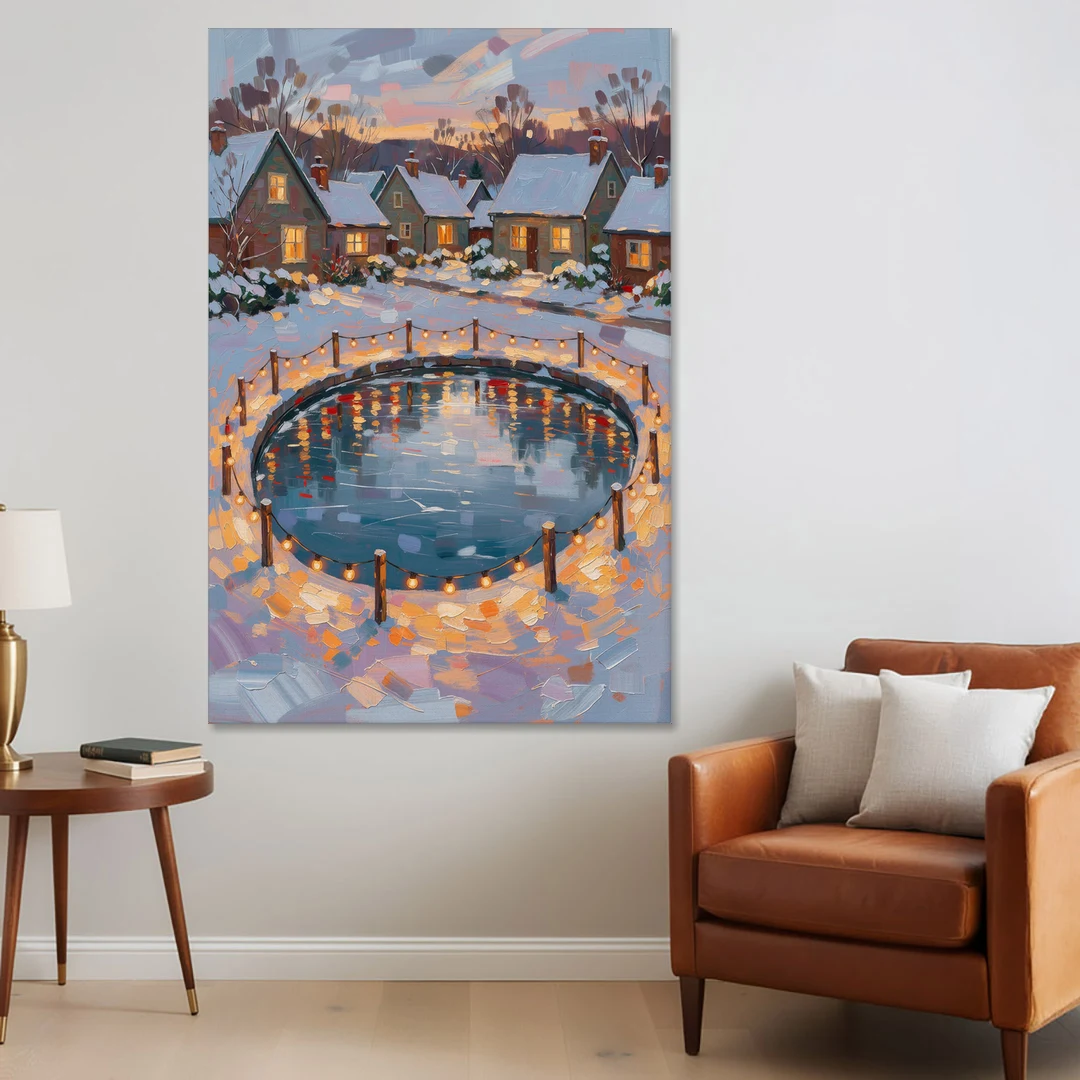 Frozen Pond Ringed with String Lights - Canvas Wall Art - Sofa - 40x60