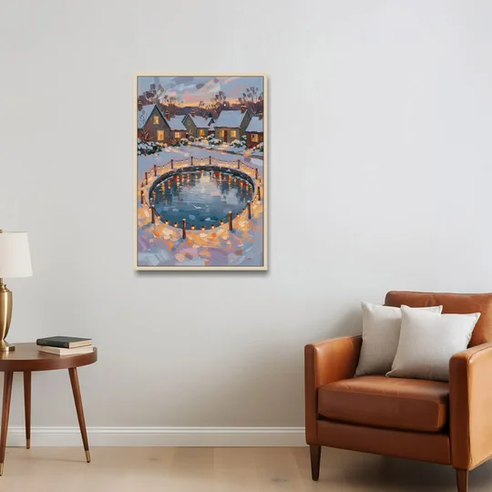 Frozen Pond Ringed with String Lights - Oak Framed Canvas Wall Art - Sofa - 24x36